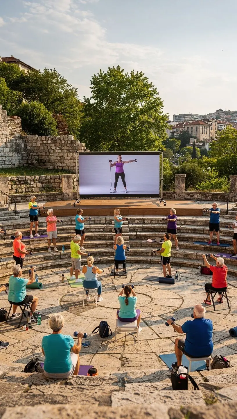 Възрастна двойка, тренираща заедно, радваща се на активен начин на живот.